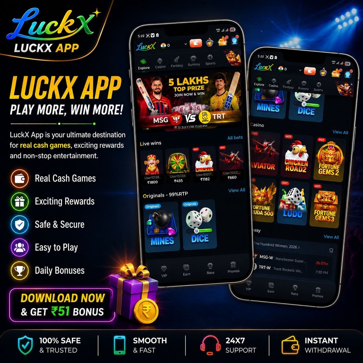 LUCKX gaming platform interface featuring sports, cricket, and casino options.