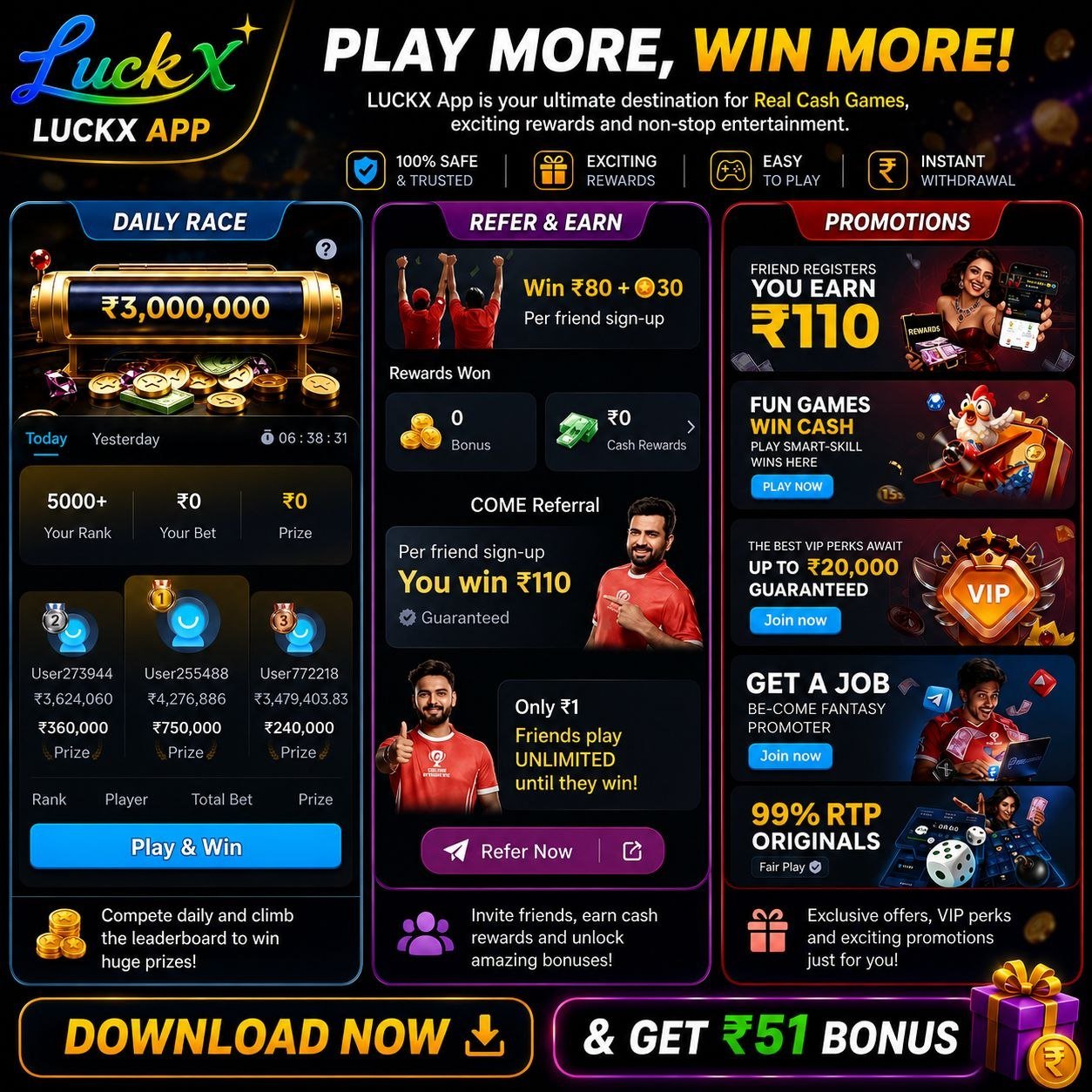 LUCKX Game mobile gaming interface with cricket, sports, and casino entertainment features.