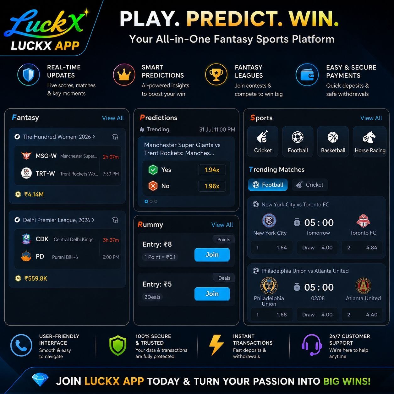 LUCKX APK download page displaying mobile gaming, cricket, sports, and entertainment features.